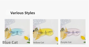 Three cat-shaped gel eye masks in blue, yellow, and purple for hot and cold eye therapy