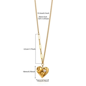 Detailed view of 18K gold plated heart pendant with zircon and paperclip chain dimensions