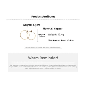 Detailed specs of gold hoop earrings showing 12.4g weight and 5.6cm diameter size