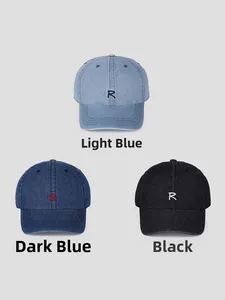 Three denim baseball caps in light blue, dark blue, and black with R letter embroidery