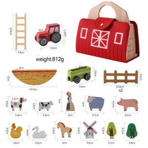 Detailed view of wooden farm toy set components with precise size measurements