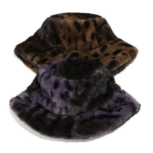 Detailed close-up of gradient leopard print faux fur bucket hats for women winter
