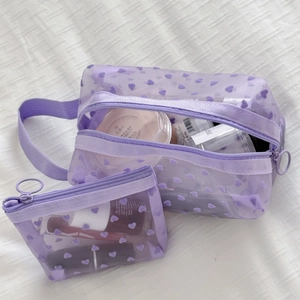 Purple flocked heart mesh makeup bag set with translucent portable storage pouches