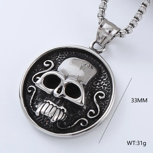 Detail view of a 33mm silver skull pendant showing the size, weight, and metallic texture