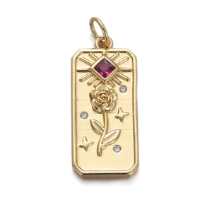 Exquisite gold rectangular rose pendant with red gemstone and sparkling zircon accents