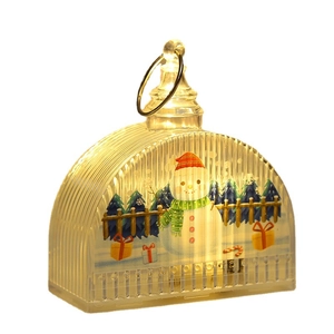Christmas LED decorative lantern with snowman print and warm yellow light hanging ring
