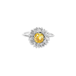 S925 sterling silver sunflower ring featuring a yellow center stone on a white background