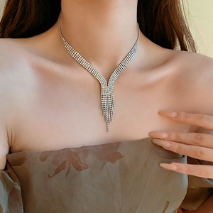 Close-up of elegant silver tassel necklace with rhinestones worn by a professional model