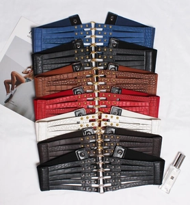 Wide elastic waist belts with crocodile texture and gold rivets in various colors