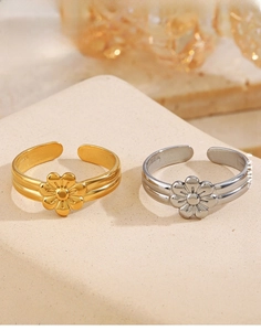 Detailed macro view of 18K gold and silver sunflower rings with parallel double bands