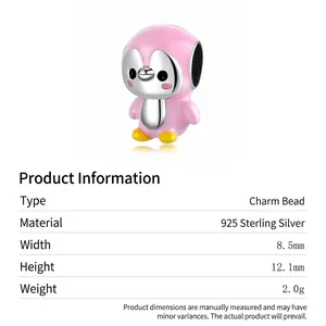 Pink penguin S925 sterling silver charm bead for DIY bracelets, size 8.5x12.1mm