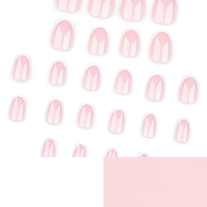 Classic French short round press-on nails in nude pink with white tips on white background