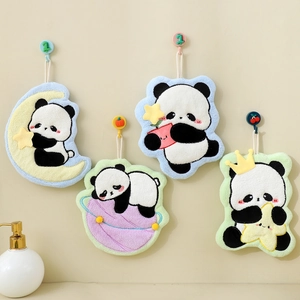 Cute panda cartoon coral fleece hanging hand towels in four colors for home kitchen use