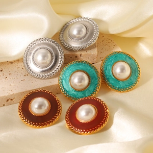 Round Button Stud Earrings Stainless Steel Faux Artificial Pearl Enamel French Retro Vintage Elegant Court Style Jewelry For Women