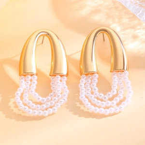 French vintage gold tiered pearl tassel earrings for women with elegant retro design