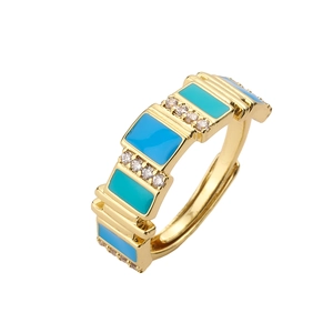 18K gold plated adjustable ring with blue enamel rectangles and sparkling cubic zirconia