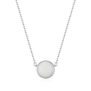 Elegant S925 sterling silver necklace featuring a round synthetic opal pendant on O-chain