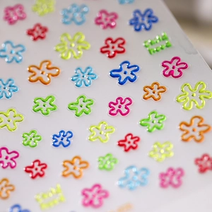 3D colorful embossed floral nail art stickers with glitter finish and child hood text