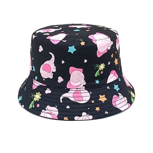 Detail of kids black bucket hat with pink elephant and colorful star prints