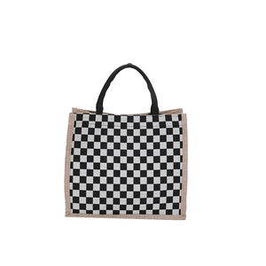 Minimalist black and white checkerboard tote bag with natural hemp trim and black handles