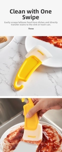 Gros plan d'un grattoir flexible enlevant la graisse et la sauce d'une assiette en céramique