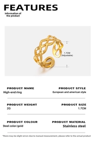 Détails de la bague en maille ajustable plaquée or 18 carats avec dimensions et poids de 2g