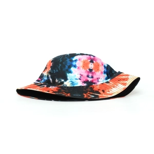 Detail of colorful tie-dye bucket hat with wide brim and vibrant gradient patterns