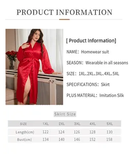 Size chart for plus size red leopard print silk robe with detailed measurements