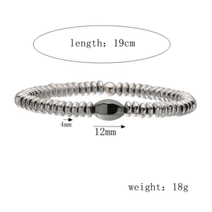 Detail of 19cm silver metal beaded bracelet with 12mm hematite center bead and dimensions