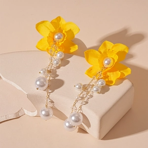Handmade yellow lace flower earrings with white pearls and long golden fringe tassels