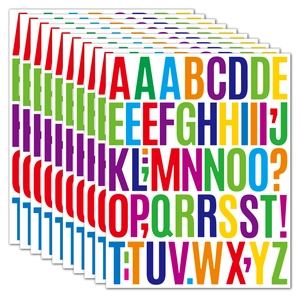 Close-up of vibrant colorful 2-inch vinyl alphabet and punctuation stickers for DIY posters