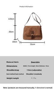 Detailed dimensions and specs of vintage suede shoulder bag with adjustable strap