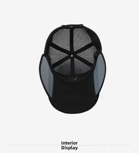 Interior view of black breathable mesh sports hat with side panels and honeycomb fabric