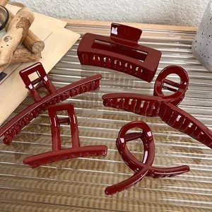 Hair Claw Clips Burgundy Wine Red Acrylic Large Strong Hold Elegant Shark Hairpin Accessories For Women Girls Festive Style
