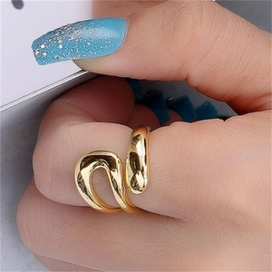 Polished S925 sterling silver hollow water drop open ring in gold plated wavy design
