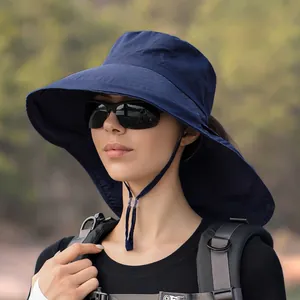 Navy blue wide brim sun hat with neck flap for outdoor UV protection and hiking use