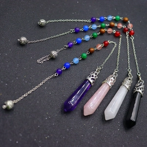 Seven chakra natural crystal hexagonal pillar yoga necklaces in purple, pink, white, and black