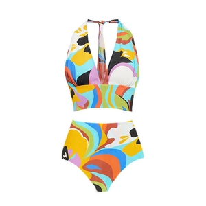 Maillot de bain deux pièces bikini col V dos nu avec imprimés floraux géométriques colorés