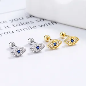 Evil Eye Stud Earrings 925 Sterling Silver With Blue White Cubic Zirconia Screw Back Small Piercing Jewelry For Women