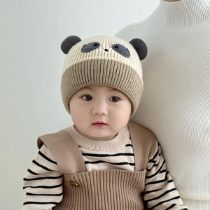 Cute panda knit baby hat with bear ears and ribbed brim for winter warmth