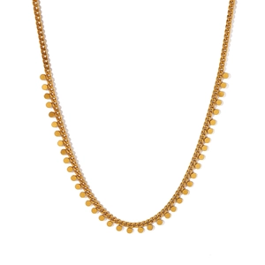 Minimalist gold tone choker necklace featuring small metallic round disc pendants