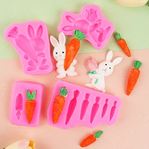 Pink silicone Easter molds with rabbit and carrot shapes for fondant cake decorating
