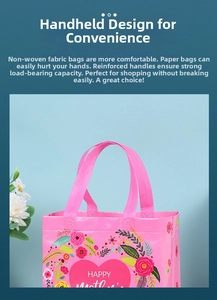 Detail of reinforced handles and floral heart patterns on Mother's Day pink gift bag