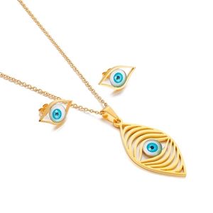 Evil Eye Necklace And Earrings Gold Plated Stainless Steel Hollow Bohemian Minimalist Style Niche Design For Women