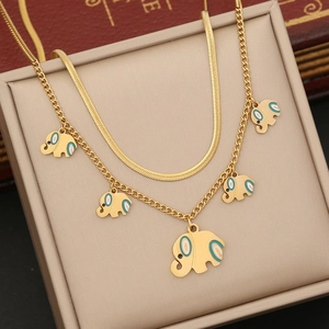Double-layer gold elephant necklace featuring enamel pendants and sleek snake chain