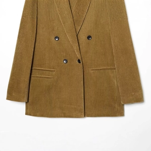 Casual brown corduroy blazer with double-breasted buttons and fine stripe texture