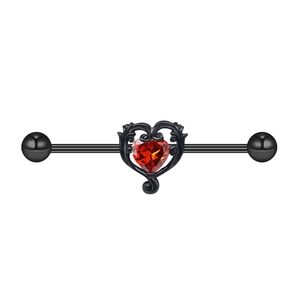 Industrial barbell featuring a black heart frame with a vibrant red heart gemstone