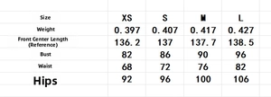Detailed size chart for the knit halter dress including bust, waist, and hip measurements