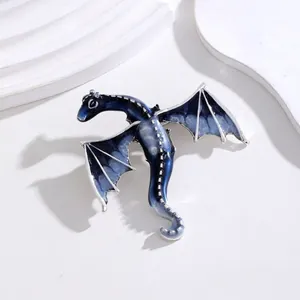 Vintage blue enamel flying dragon brooch pin in silver alloy for suits and coats