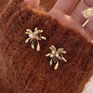 Orecchini A Lobo Vintage Oro Occhio Di Tigre Perla Artificial Fiore Ape Design Gioielli Donne Con Perno In Argento